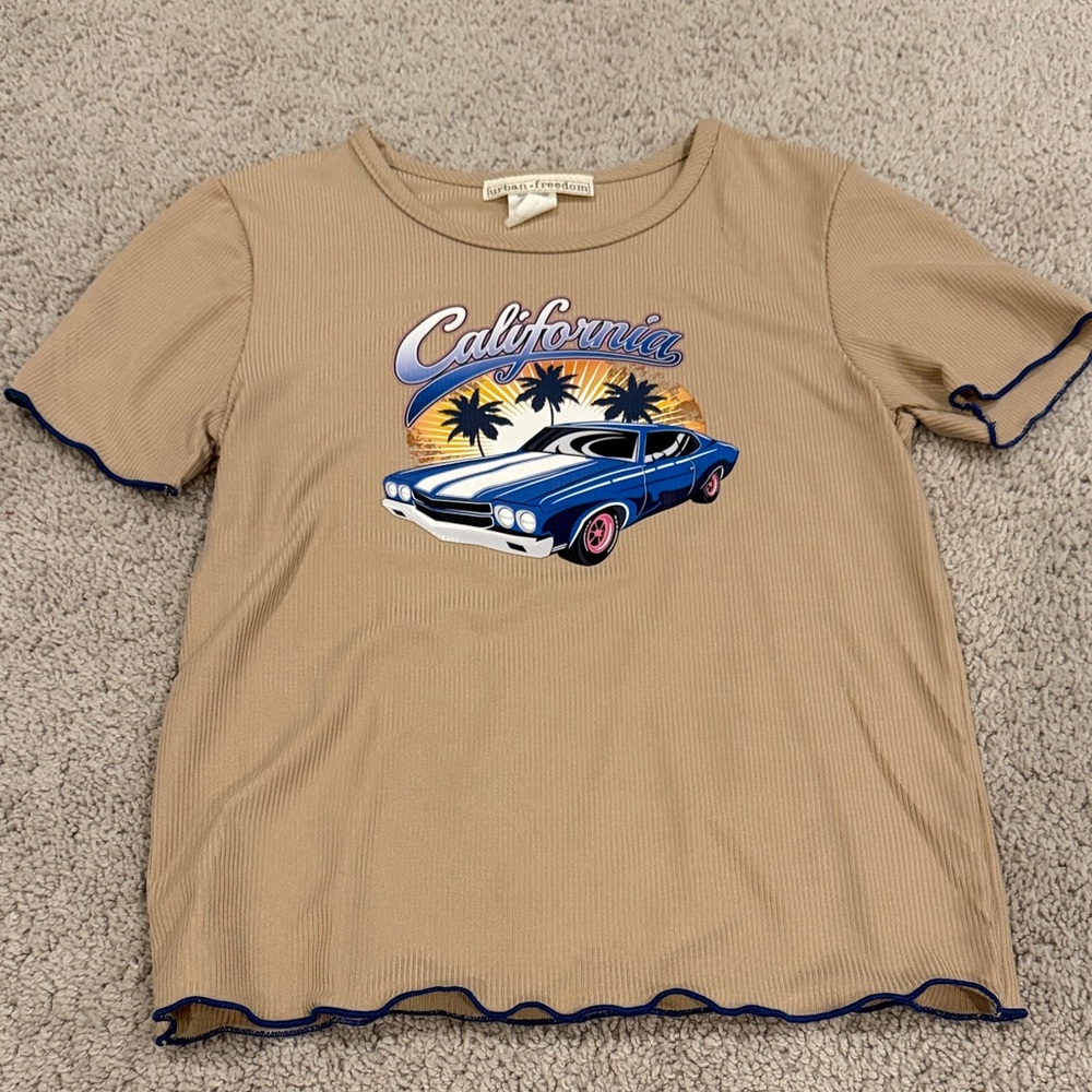 Forever 21 Tan Kids Tee with Blue Car Graphic